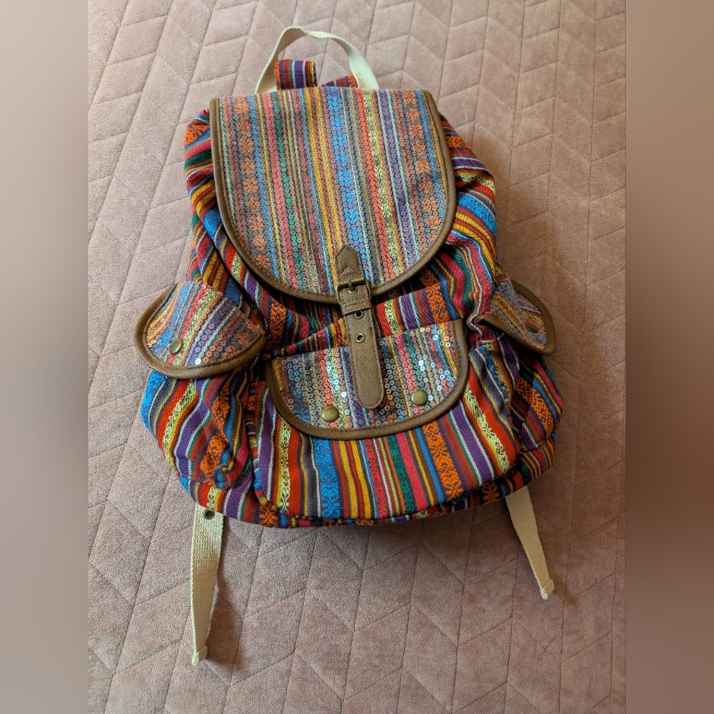 Multicolor Striped Boho Backpack with Sequins - image 1